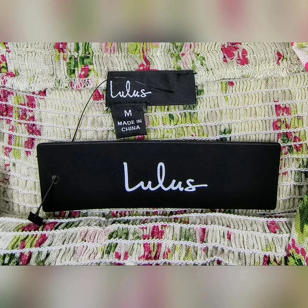 Lulus Blooming Views Beige Floral Ruffled Smock Linen/Cotton Tank Top, M, NWT - Picture 4 of 9